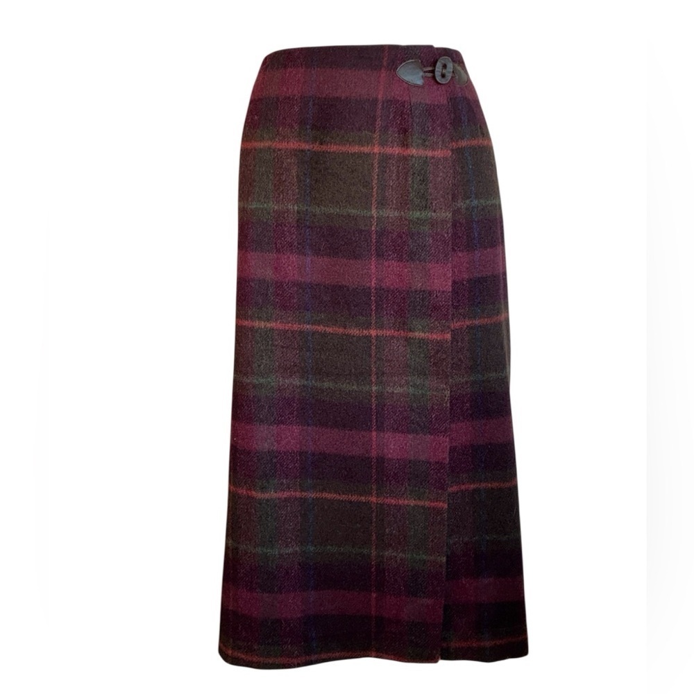 Talbots Skirt Women's 10P EUC Maroon Tartan Wool Flannel Wrap, Leather button